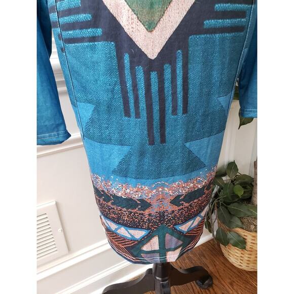 A-Line Dress Women's 2XL Blue Geo Print Stretch Long Sleeve V Neck Side Pockets - Picture 10 of 13